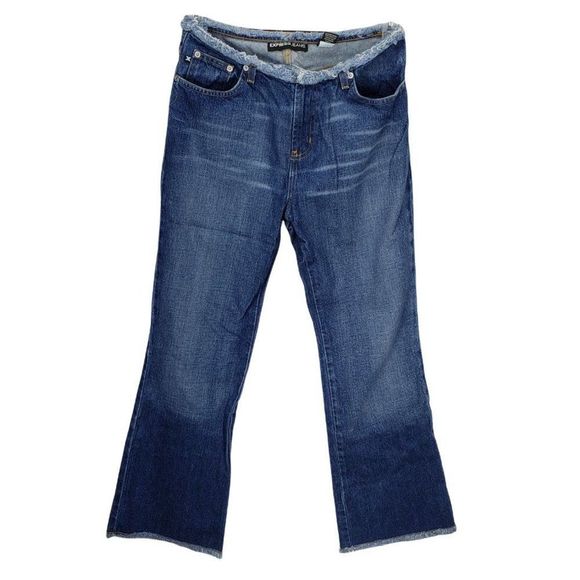 Express Jeans Women's‎ Flare Short Distressed Blue Jeans Size  9/10 - Picture 1 of 16